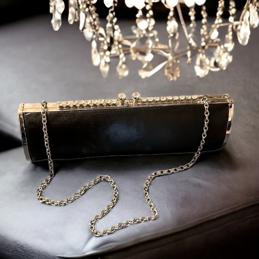 Expressions NYC Black with Silver and Rhinestones Evening Clutch Bag with Chain